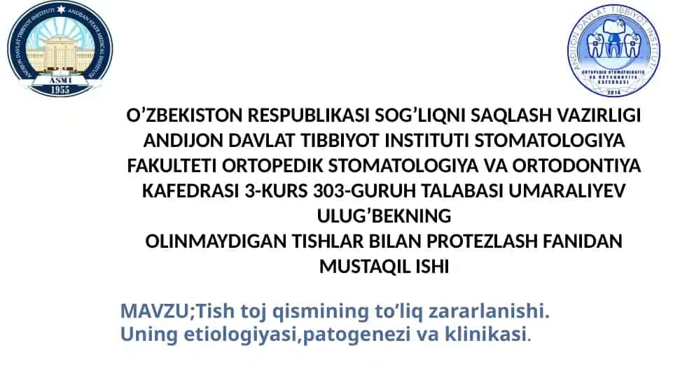 Olinmaydigan tishlar bilan protezlash fanidan mustaqil ishi