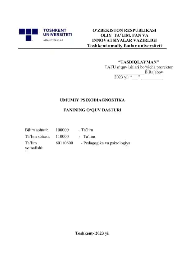 Umumiy psixodiagnostika fanidan tuzilgan o‘quv dasturi