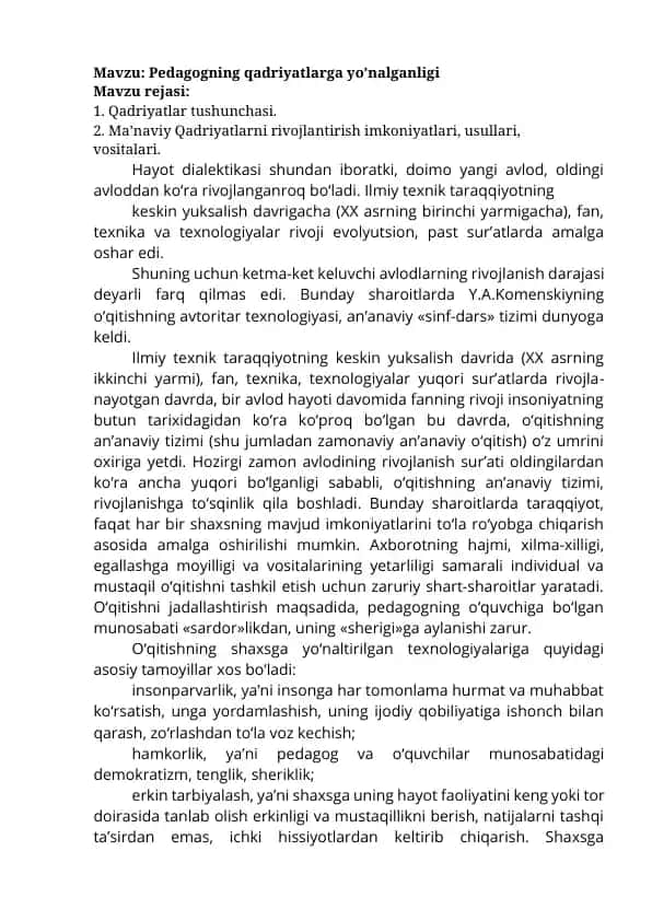 Pedagogning qadriyatlarga yo’nalganligi