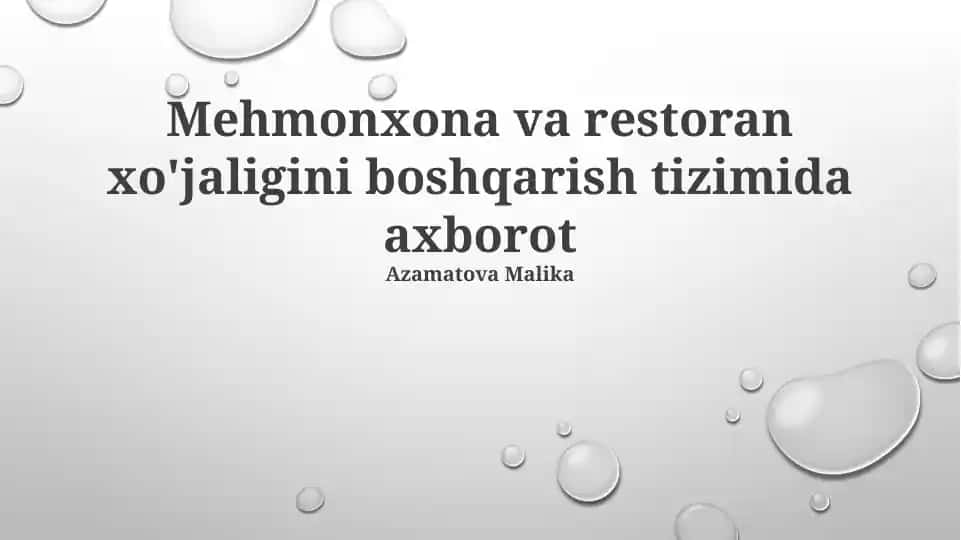 Mehmonxona va restoran xo'jaligini boshqarish tizimi