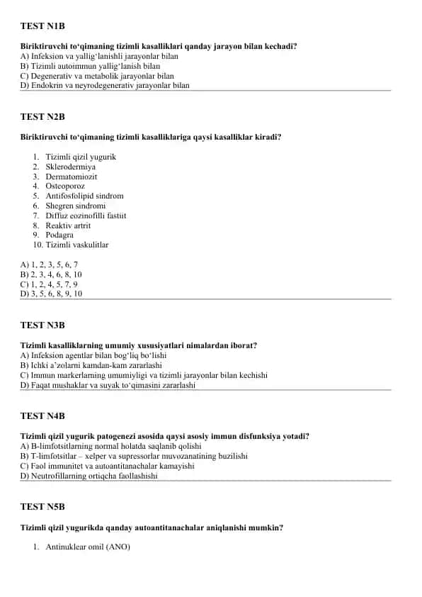 Tizimli kasalliklar haqida test savollari