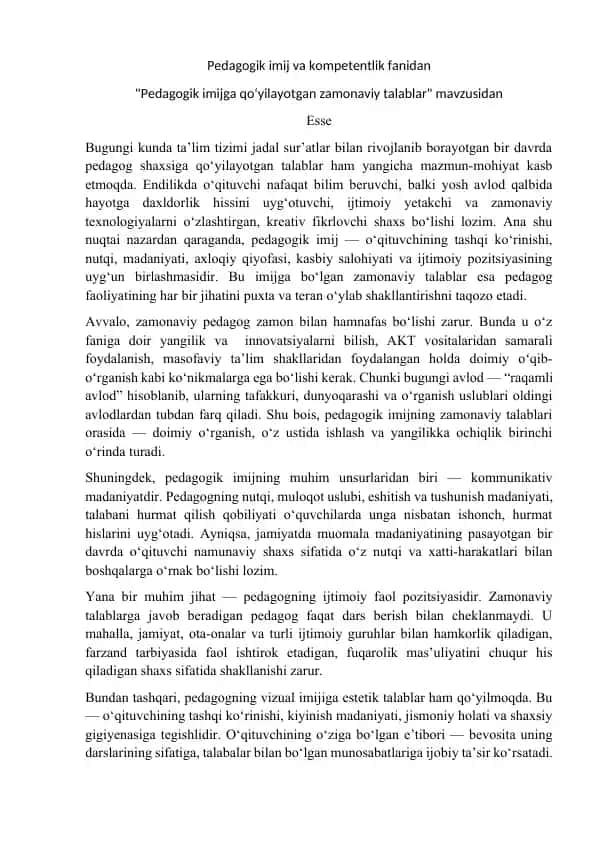 "Pedagogik imij va kompetentlik fanidan"