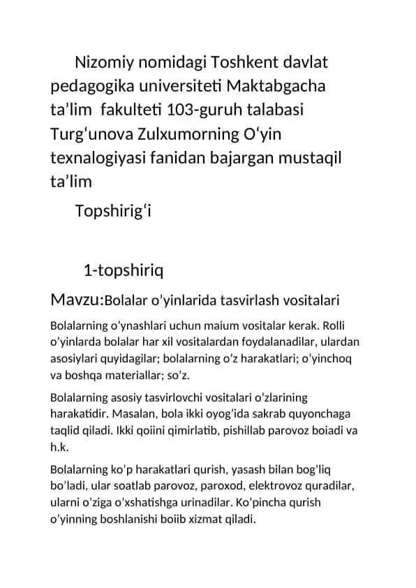 Bolalar o’yinlarida tasvirlash vositalari