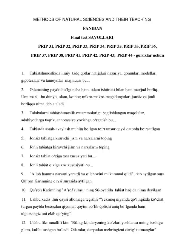 METHODS OF NATURAL SCIENCES AND THEIR TEACHING Final test SAVOLLARI