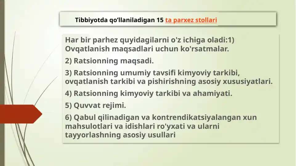Tibbiyotda qo‘llaniladigan 15 ta parhez stollari
