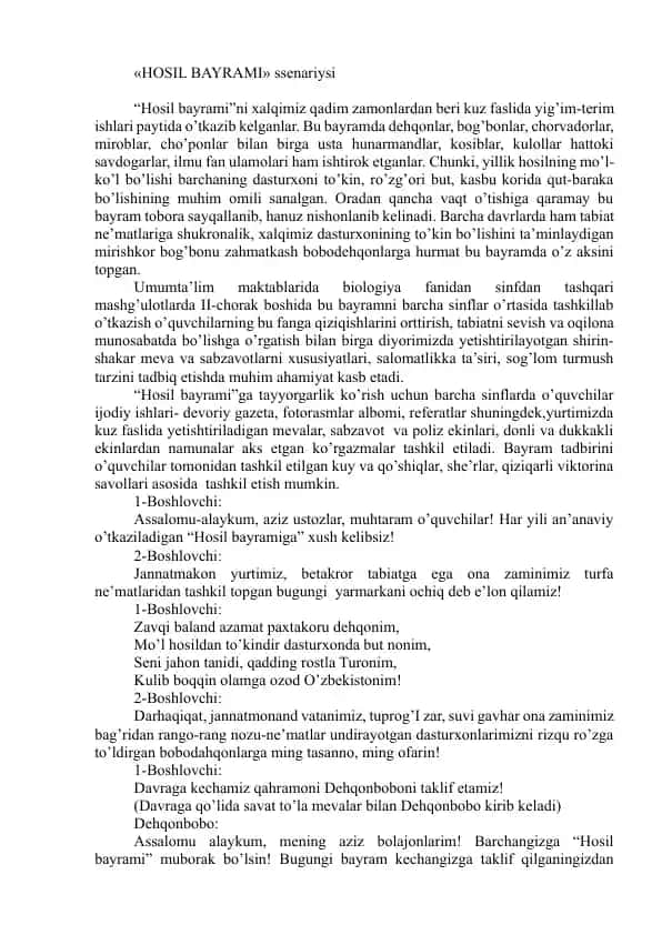 «HOSIL BAYRAMI» ssenariysi