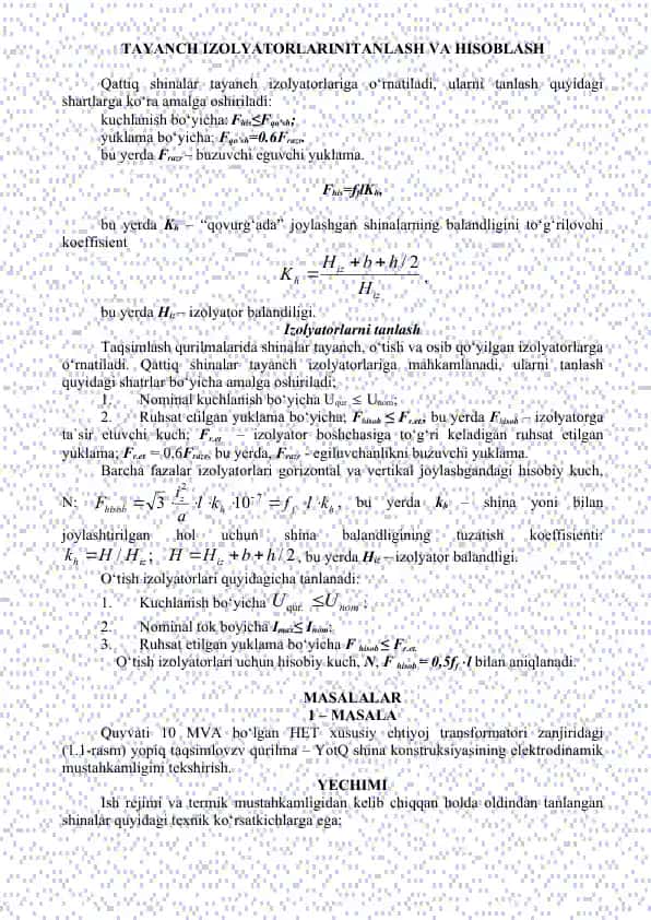 Tayanch izolyatorlarini tanlash va hisoblash