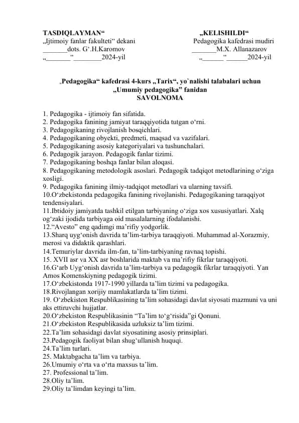 Pedagogika fanidan savolnomalar to‘plami