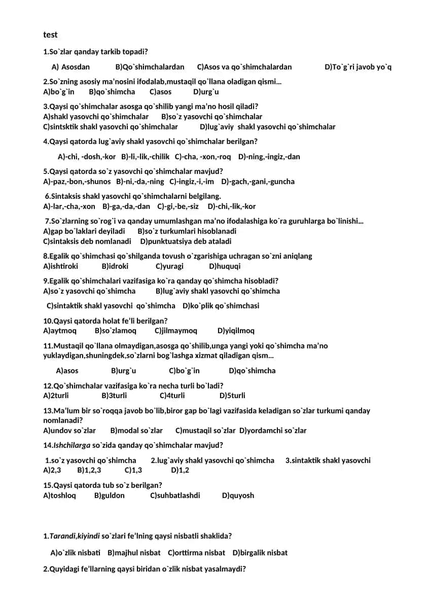 Test savollari to`plami