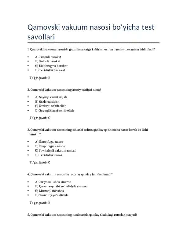 Kamovski vakuum nasosi test savollari