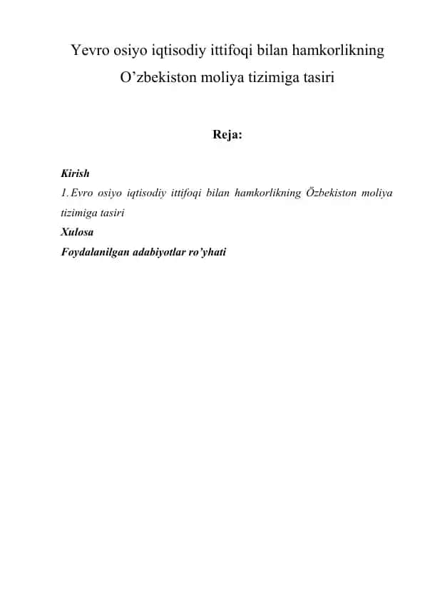 Evro osiyo iqtisodi ittifoqi bilan hamkorlik