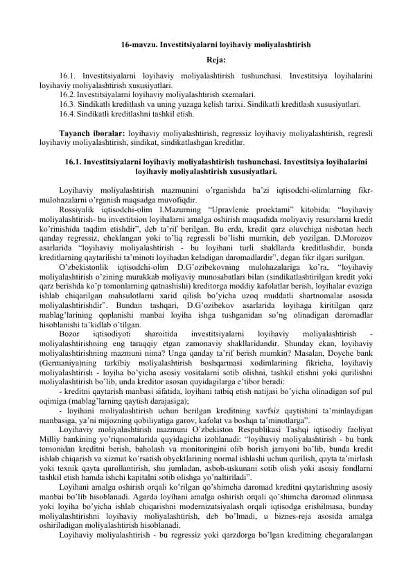 Investitsiyalarni loyihaviy moliyalashtirish