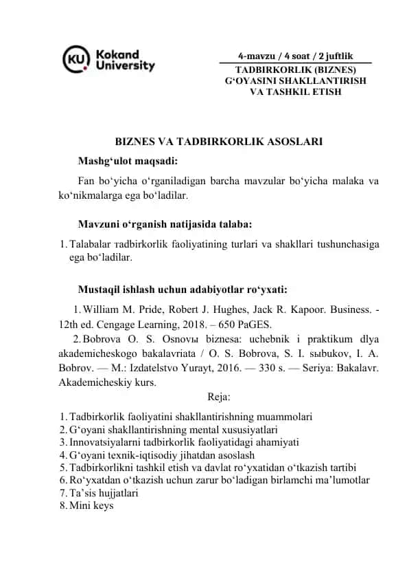 Tadbirkorlik (Biznes) G‘oyasini Shakllantirish va Tashkil Etish