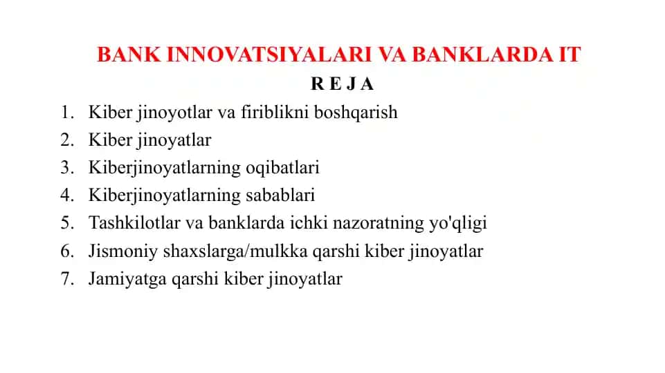 BANK INNOVATSIYALARI VA BANKLARDA IT RE J A