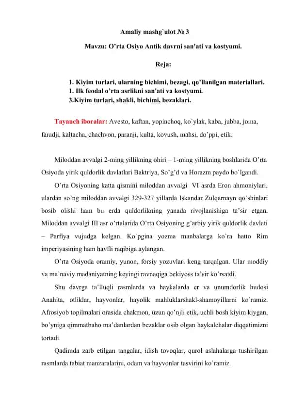 O’rta Osiyo Antik davrni san'ati va kostyumi