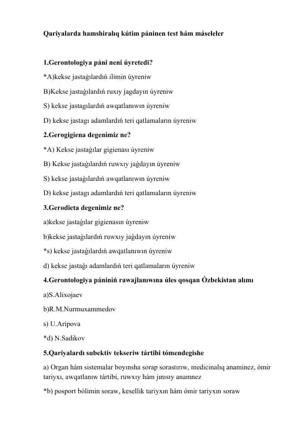 Qariyalarda hamshiralıq kútim páninen test hám máseleler