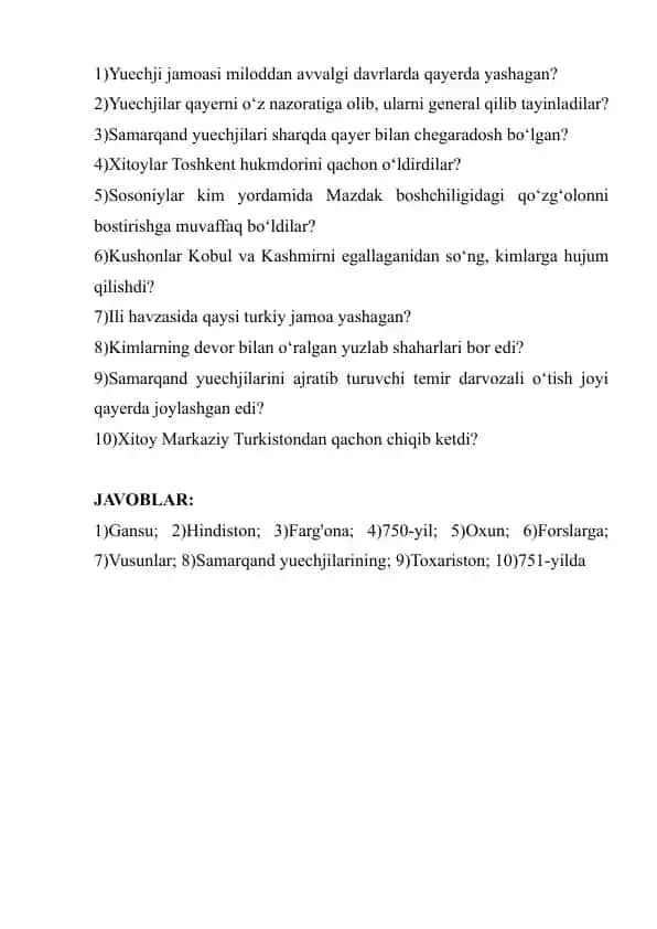 Yuechjilar test 10 talik javoblari bilan