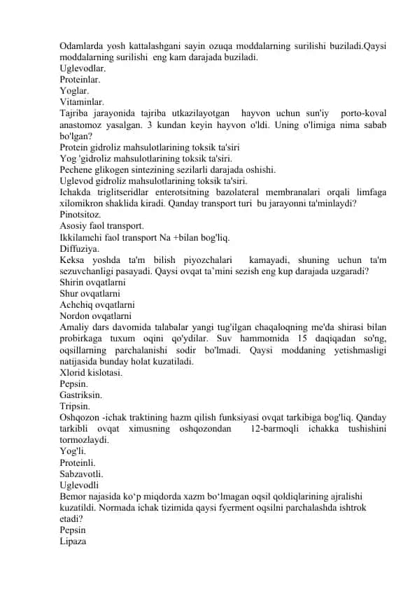 O'lim sabablarini aniqlashga tegishli test savollar to'plami