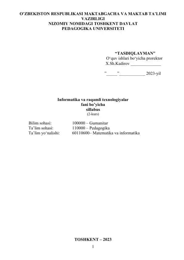 Sillabus "Informatika va raqamli texnologiyalar"