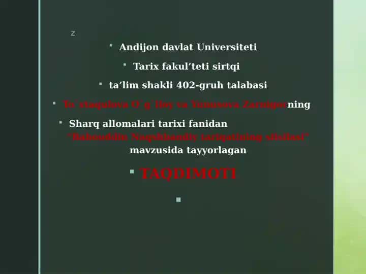 "Bahouddin Naqshbandiy tariqatiningsilsilasi"