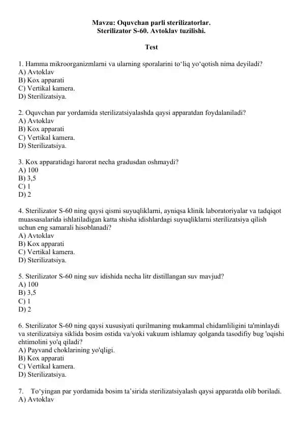 Oquvchan parli sterilizatorlar. Sterilizator S-60. Avtoklav tuzilishi. Test 10 ta javobli, ikkinchi xil.
