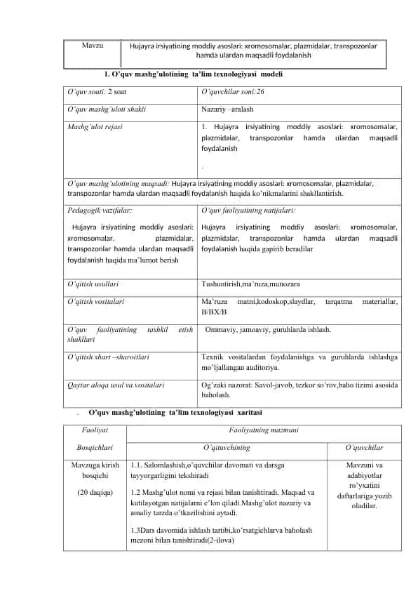 Hujayra irsiyatining moddiy asoslari: xromosomalar, plazmidalar, transpozonlar