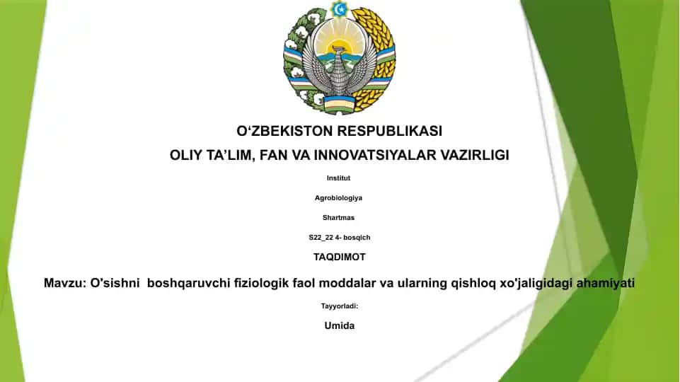 O'sishni boshqaruvchi fiziologik faol moddalar va ularning qishloq xo'jaligidagi ahamiyati