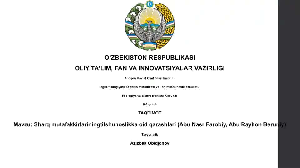 Sharq mutafakkirlariningtilshunoslikka oid qarashlari (Abu Nasr Farobiy, Abu Rayhon Beruniy)