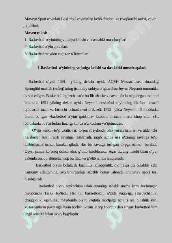 Sport o‘yinlari Baskеtbol o‘yinining kelib chiqishi va rivojlanishi tarixi, o‘yin qoidalari.