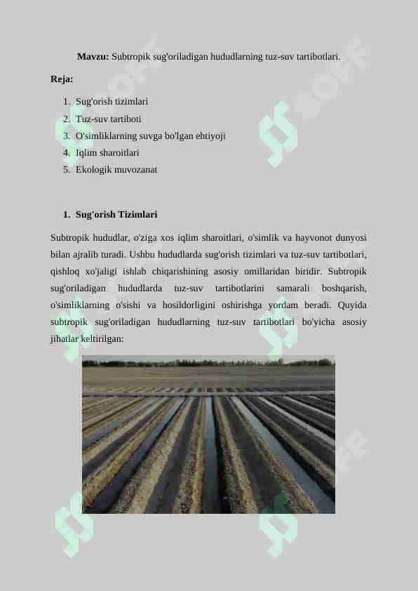 Subtropik sug'oriladigan hududlarning tuz-suv tartibotlari.