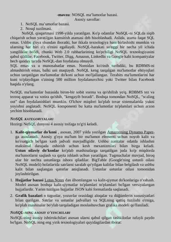 mavzu: NOSQL ma’lumotlar bazasi. Asosiy savollar: 1. NoSQL ma’umotlar bazasi. 2. Nosql tuzilmasi.