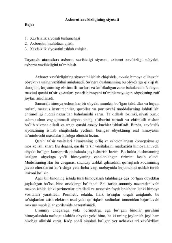 Axborot xavfsizligining siyosati
