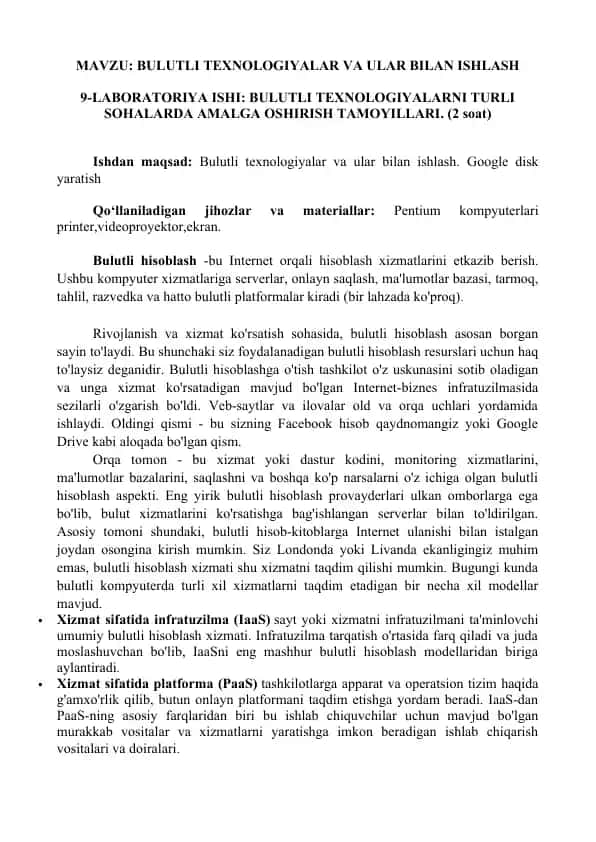 Laboratoriya ishi: Bulutli texnologiyalarni turli sohalarda amalga oshirish tamoyillari