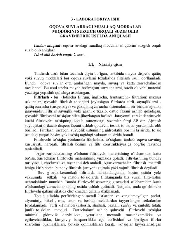 LABORATORIYA ISHI: OQOVA SUVLARDAGI MUALLAQ MODDALAR MIQDORINI SUZGICH ORQALI SUZIB OLISH GRAVIMETRIK USULDA ANIQLASH