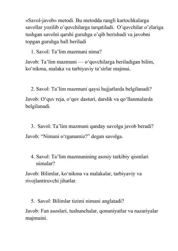pedogogika savol javoblar