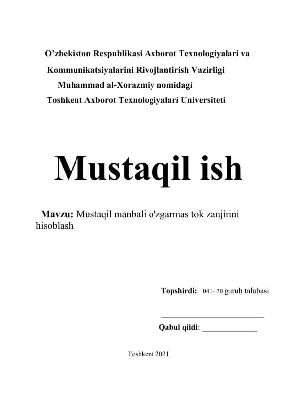 Mustaqil manbali o'zgarmas tok zanjirini hisoblash
