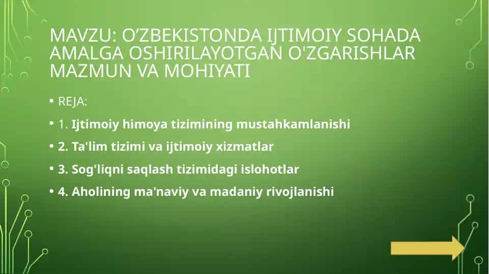 O'zbekistondagi ijtimoiy sohada amalga oshirilayotgan ozgarishlar mazmuni va mohiyati