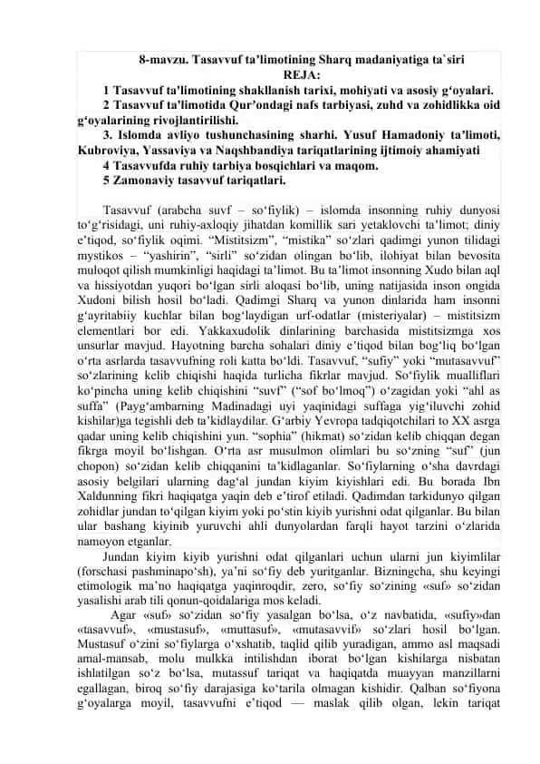 Tasavvuf ta'limotining sharq madaniyatiga ta'siri