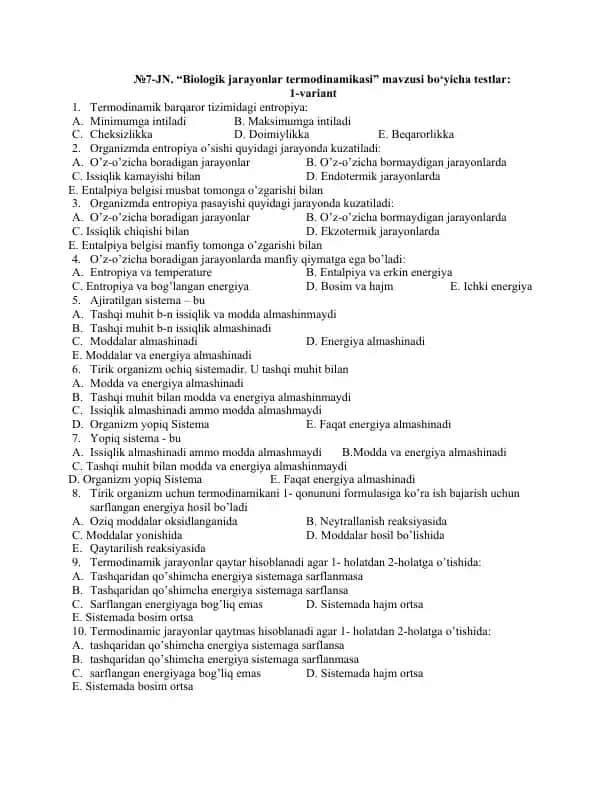 Biologik jarayonlar termodinamikasi” mavzusi bo‘yicha testlar 15 ta variant, har bittasi 10 tadan test