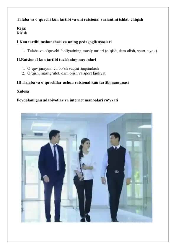 Talaba va o‘quvchi kun tartibi va uni ratsional variantini ishlab chiqish