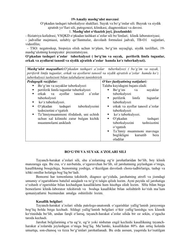 O‘pkadan tashqari tuberkulyoz shakllari. Suyak va bo‘g‘imlar sili. Buyrak va siydik ajratish yo‘llari sili, patogenezi, klinikasi, diagnostikasi va davosi