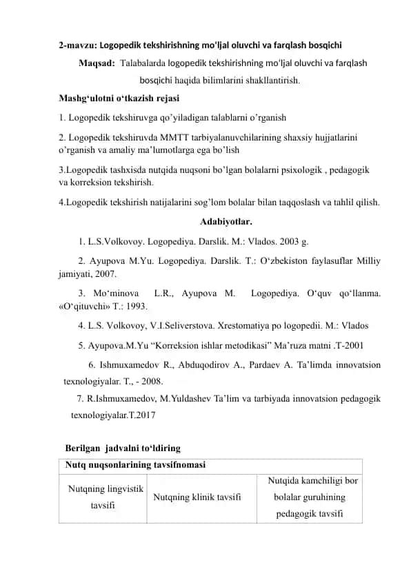 Logopedik tekshirishning mo‘ljal oluvchi va farqlash bosqichi