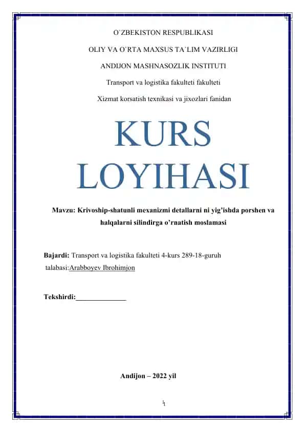 Krivoship-shatunli mexanizmi detallarni ni yig’ishda porshen va halqalarni silindirga o’rnatish moslamasi