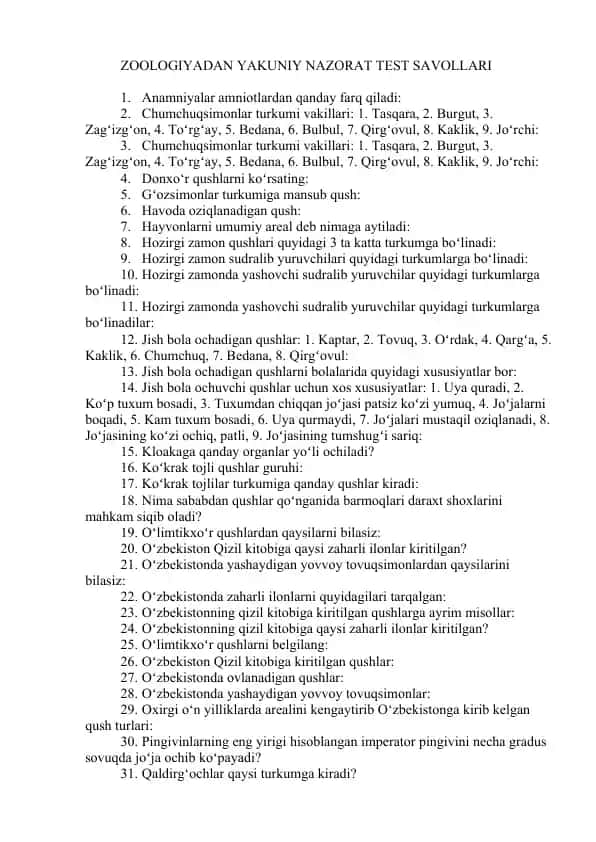 ZOOLOGIYADAN YAKUNIY NAZORAT TEST SAVOLLARI