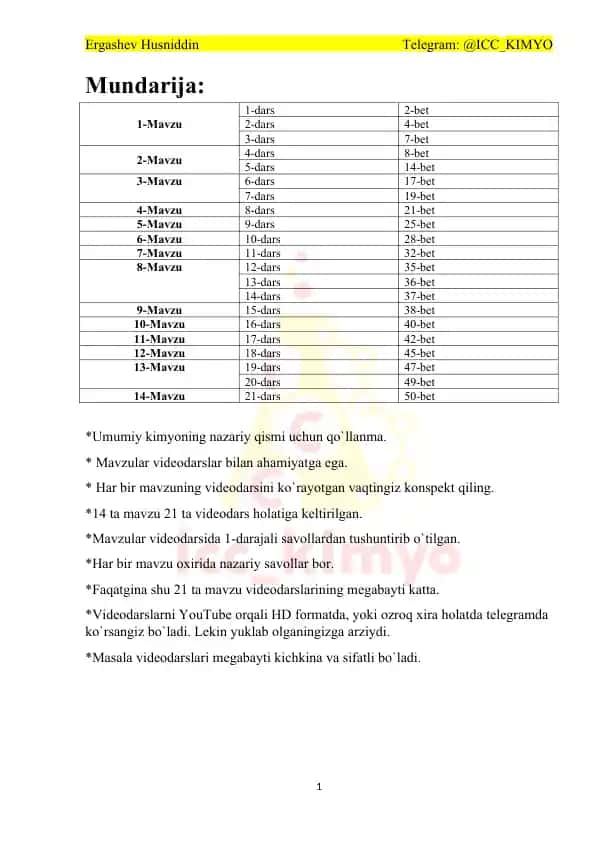Umumiy Kimyoning barcha malumotlari maktab darsliklaridan olingan faqat muhum joylari