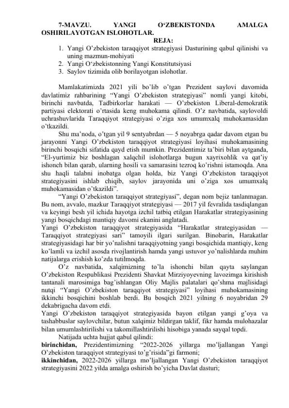 Yangi O‘zbekistonda amalga oshirilayotgan islohotlar