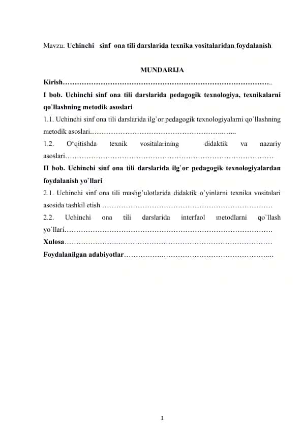 Uchinchi sinf ona tili darslarida texnika vositalaridan foydalanish