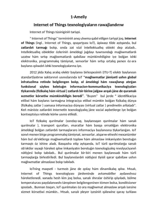 Internet of Things texnologiyaların rawajlandırıw