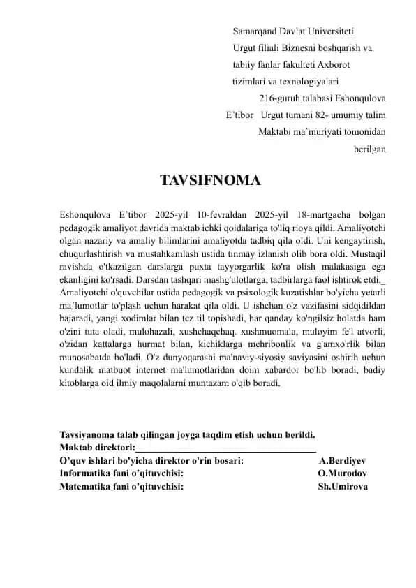 Pedagogik amaliyot davri haqida tavsif