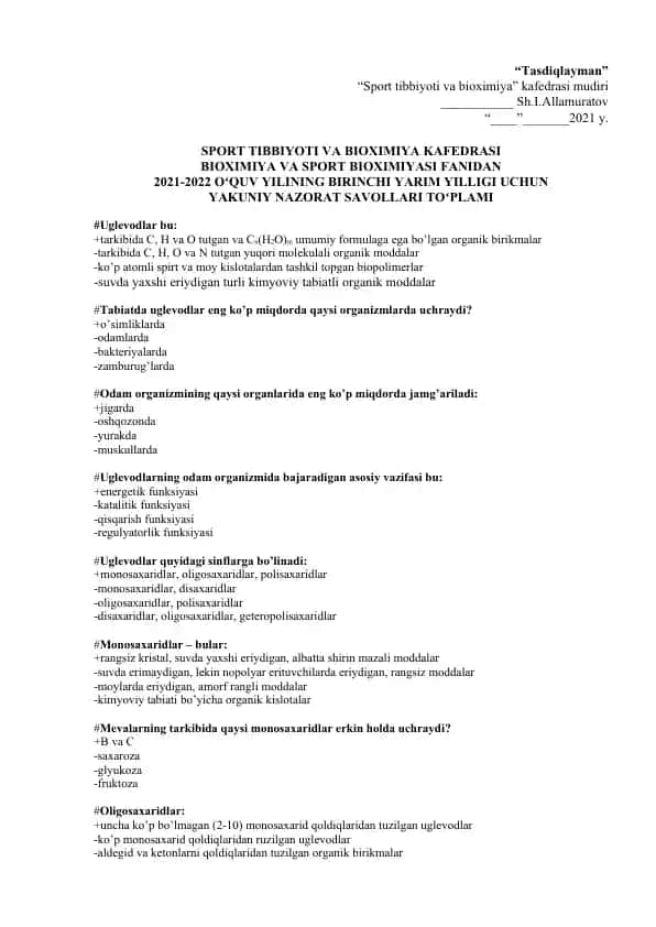 Bioximiya va Sport Bioximiyasi fanidan Yakuniy Nazorat Savollari Toplami
